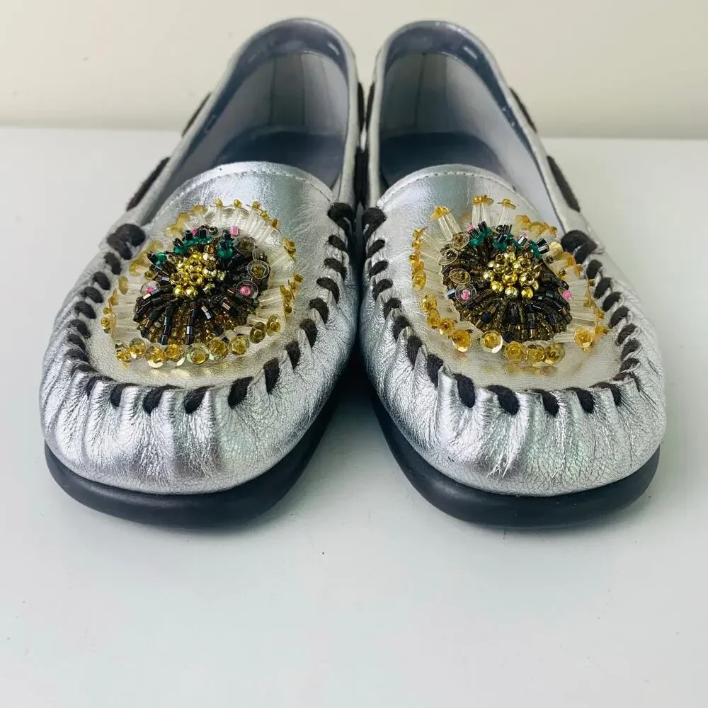 Aerosoles Jamboline Silver Leather Beaded Loafers Womens 6B Comfort Flats